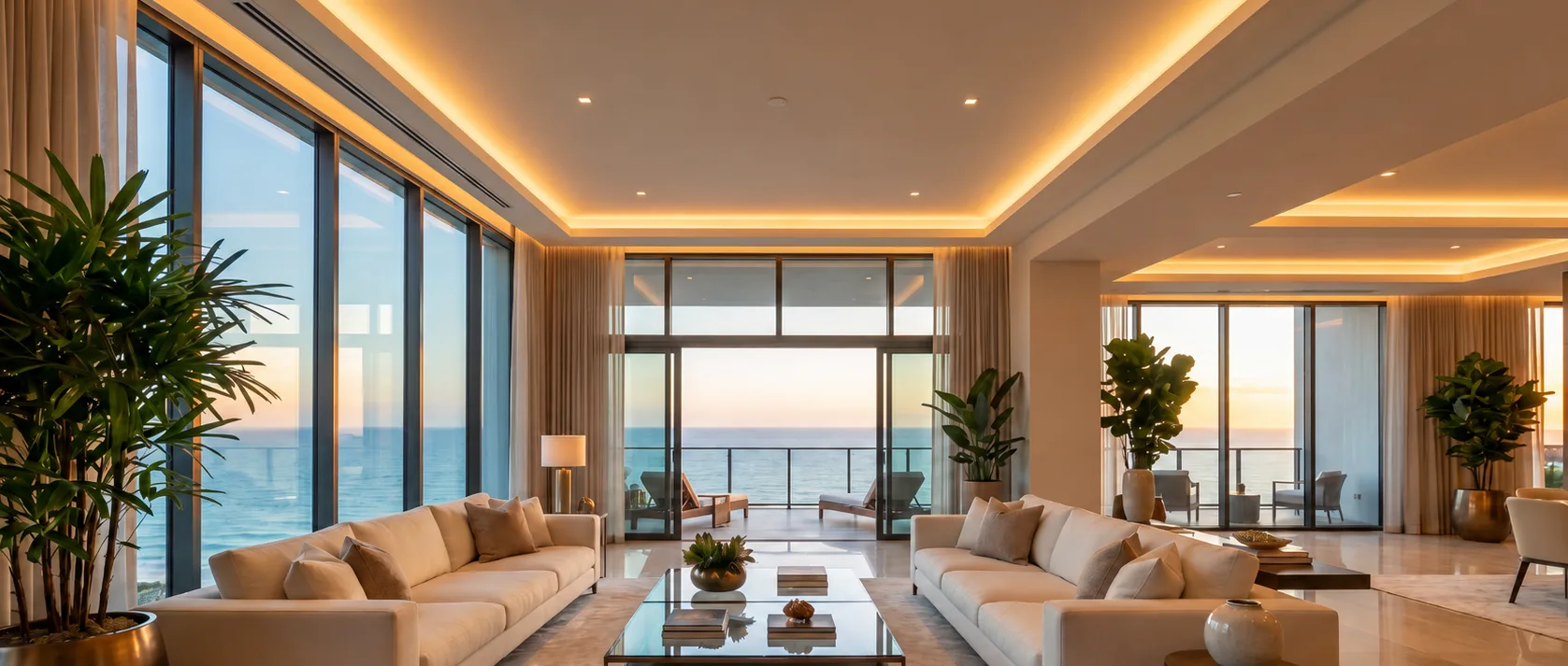 Sala ampla de apartamento decorado de luxo com vista mar