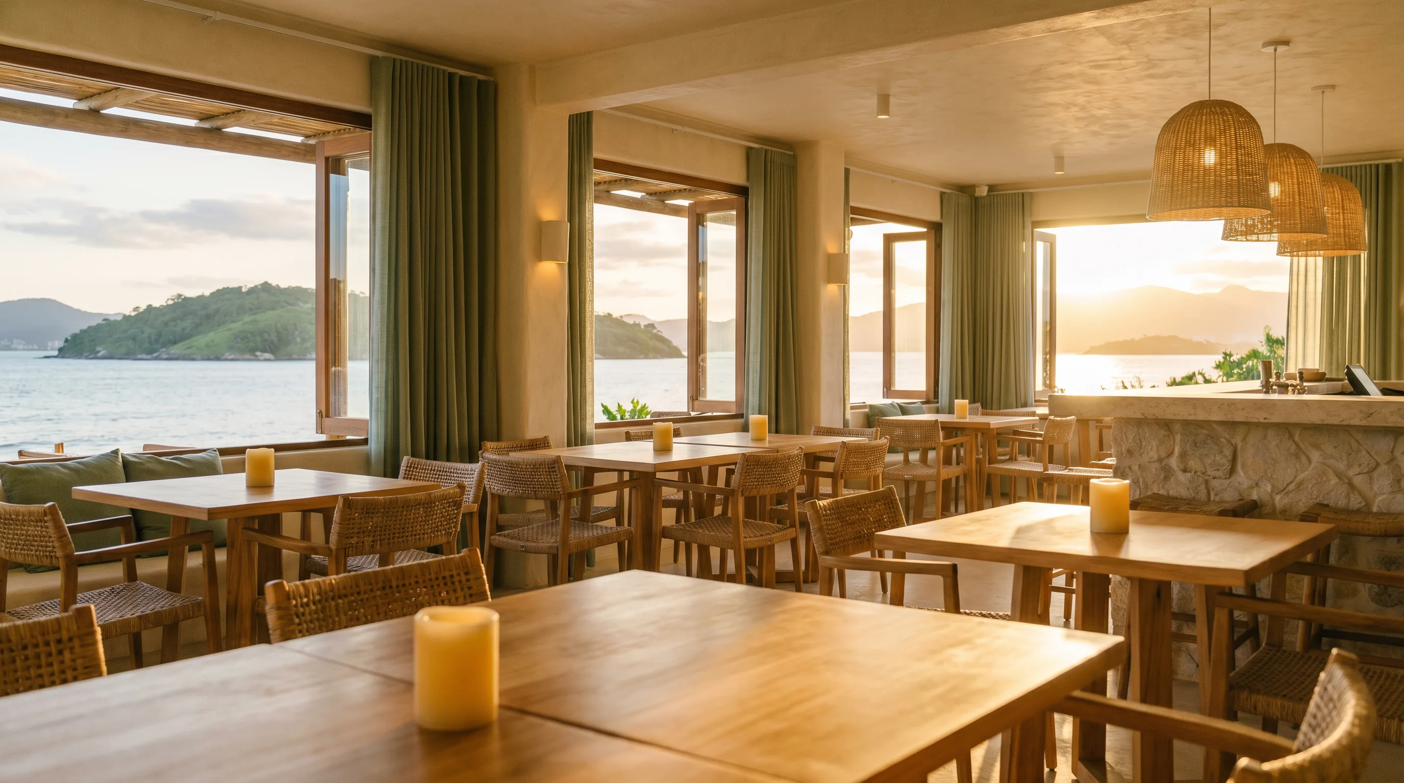 Salão do restaurante com vista do mar na hora dourada
